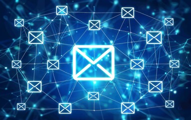 Email and sms marketing concept. Digital blue background with email icons and connection lines.Newsletter concept