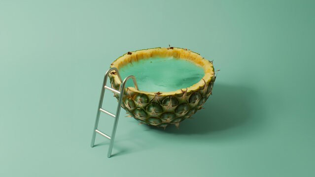 swimming pool with ladder inside half a pineapple on a pastel green background