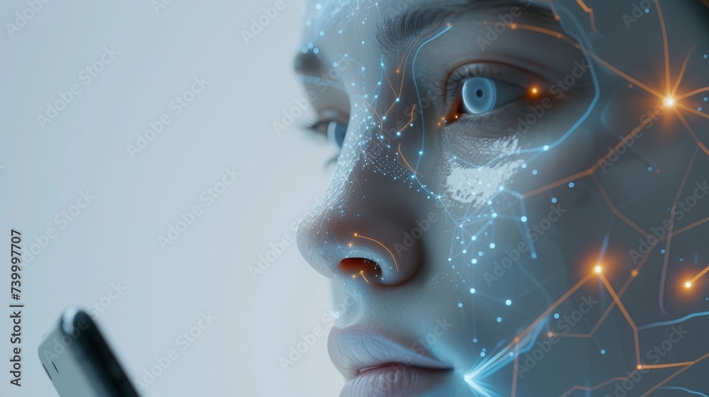 Aufkleber using ai, a woman cyborg or a bot emerges from the screen of a smartphone offering to make digital d