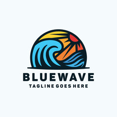 Blue Wave Logo Vector, Sea Icon Symbol, Ocean Creative Vintage Graphic Design