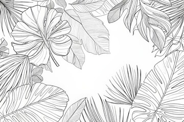 Natural botanical flowers and palm leaves designed in a simple minimalist linear contour style. Suitable for fabric, print, cover, banner, decoration, wallpaper.
