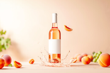 Fruit wine Bottle Mockup with Blank Label. Presentation of glass bottle with natural no alcohol fruit wine with empty white label against tender pink background with fruits. Template