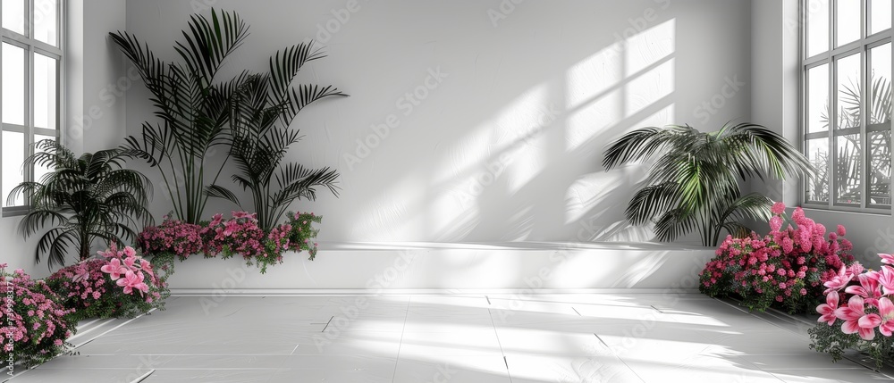 Poster The background is an abstract white studio background for showing a product. The room is empty with shadows from the window and flowers. There is 3D space for copywriting. Summer concert. Blurred