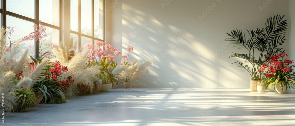 Poster Background for product presentation. Empty room with shadows of a window and flowers and palm leaves. 3D room with copy space. Summer concert. Blurred backdrop.
