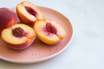 fresh peach halves on a peachcolored ceramic plate with a white table
