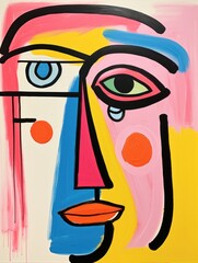 A colorful abstract painting depicting a womans face with vibrant shades of blue, pink, and yellow. The artwork conveys a sense of modernity and creativity.