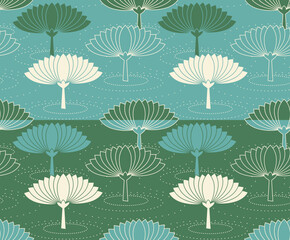japanese style seamless pattern tile with lotus pond in blue green shades