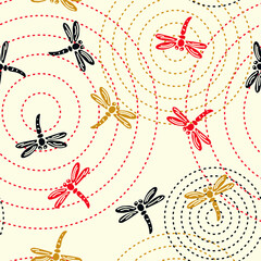 japanese style seamless pattern tile with dragonflies over water in gold ivory red - 739998551