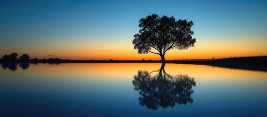 Obraz premium A triumphant tree silhouette is reflected in the still water of an enchanting evening lake, creating a mesmerizing scene.