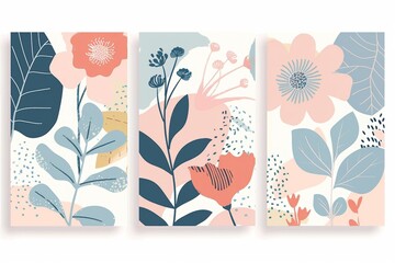 Abstract floral poster set. Floral wall art in danish pastel colors, modern naive groovy funky interior decorations.  illustration.
