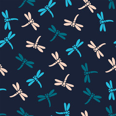 japanese style seamless pattern tile with dragonflies in blue ivory shades - 739998574