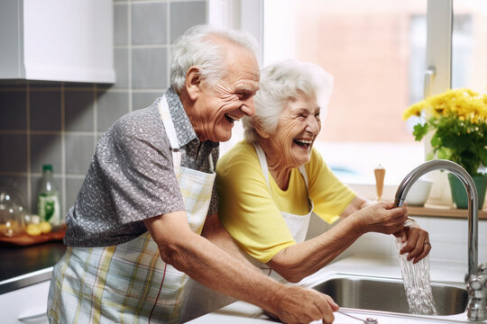 Caucasian married senior mature couple washing dishes in the kitchen - Powered by Adobe