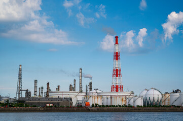 Japan industrial factory area with blue sky background view from Fishing port, Yokohama City  Japan - 739998727