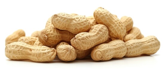 A bunch of delicious and nutritious peanuts piled up on a white background, ready to be enjoyed as a snack.
