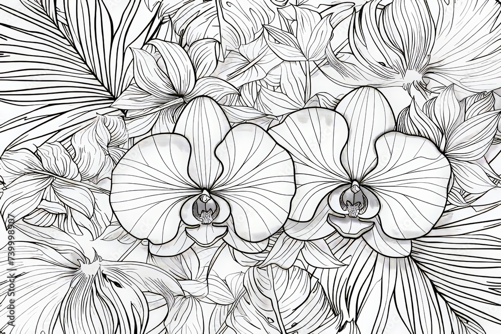 Aufkleber an exquisite tropical leaf line art background . featuring natural monstera palm leaves and orchid f