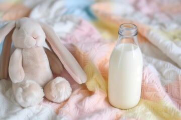 milk bottle beside plush bunny on pastel blanket