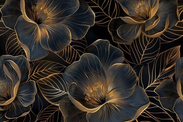 Golden tropical flower line art wallpaper. Elegant botanical rose flowers background. Design illustration for decoration, wedding cards, home d cor, packaging, print, cover, banner.