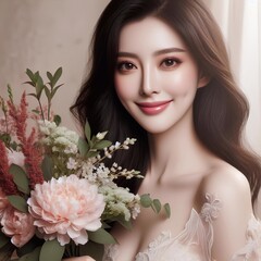 portrait of a bride with a bouquet. asian model beautiful, model face with flowers. Asian woman. Generated AI. 