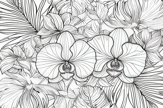 An exquisite tropical leaf line art background . Featuring natural monstera palm leaves and orchid flower patterns in a minimal linear contour style. This design is suitable for fabrics, prints,