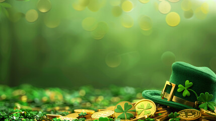 St Patrick's hat placed on the floor to the right side with gold coins and sprouting clover leaves