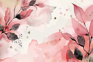 This is an abstract art botanical pink background . Textured wallpaper with pink and earth tone watercolor, leaves, flowers, trees, and gold glitter. Simple design for text, packaging, prints,