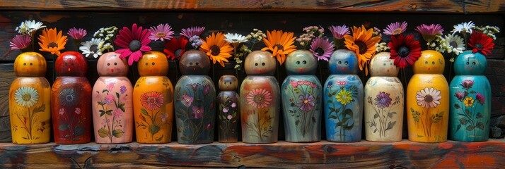 Fototapeta na wymiar Vibrant, hand-painted, wooden Russian Matryoshka dolls texture, Background Image, Background For Banner