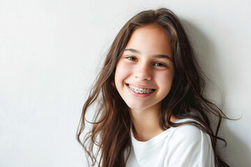 Smiling girl with braces on her teeth in the light background - obrazy, fototapety, plakaty