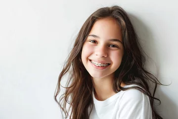 Fotobehang Smiling girl with braces on her teeth in the light background © VetalStock