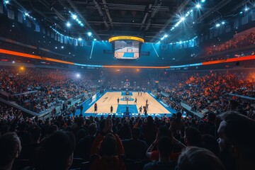 The roaring crowd fills the indoor arena as the basketball game unfolds in the stadium, accompanied by a concert-like atmosphere and the electrifying energy of passionate fans