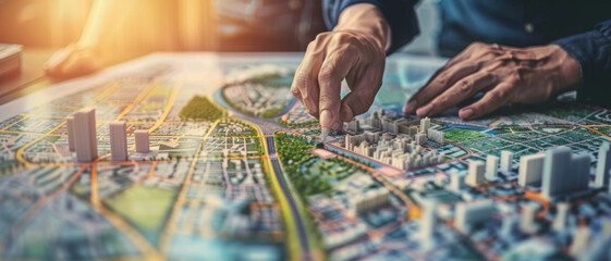 An architect exploring a 3D city model on a detailed map, planning urban development - obrazy, fototapety, plakaty