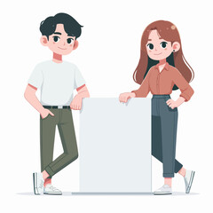 Obraz premium young couple standing between blank paper for greeting template cartoon character illustration