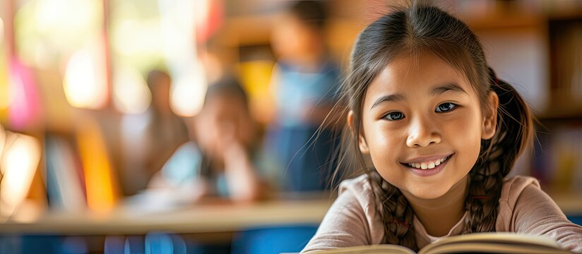 An elementary school girl finds joy in reading as she smiles while engrossed in a book.