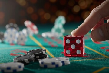 closeup of hand throwing dice on craps table - obrazy, fototapety, plakaty