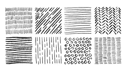Pencil stroke pattern. Pen doodle scrawl. Hand drawn sketch texture with pencil lines. Cross or parallel hatch. Black and white grunge backgrounds. Vector square hatching shapes set