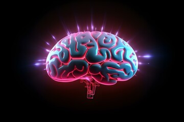 Neon glow human brain hovering on black background. Concept Neuroscience, Brain Science, Glow Effect, Futuristic Technology, Abstract Art