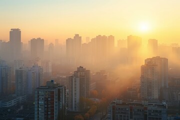 Fototapeta premium Elevated city view at sunset capturing golden glow of sun over urban landscape stunning panorama of skyscrapers and architecture reflecting beauty of evening light in bustling downtown