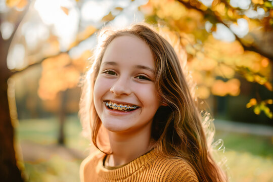 Smiling girl with braces on her teeth in the light background