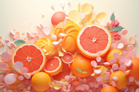 Vibrant Citrus Explosion: A Colorful Array of Sliced Oranges and Grapefruits Amidst Blossoming Flowers