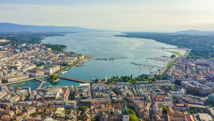 Geneva, Switzerland. Flight over the central part of the city. Lake Geneva, Aerial View