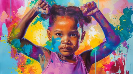 Vibrant Artistic Portrait of a Confident Young Girl with Raised Arms on a Colorful Abstract Background