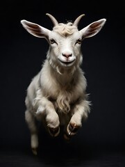 Fototapeta premium Jumping white goat isolated on a black background