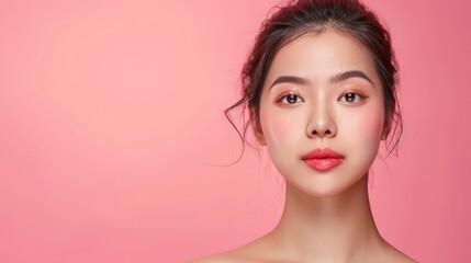 Fototapeta premium Beautiful young Asian woman with healthy and perfect skin on isolated pink background. Facial and skin care concept for commercial advertising.