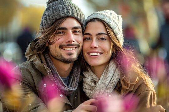 A joyous couple beams with contagious happiness as they pose for a photo, their fashion accessories of scarves and beards adding a touch of effortless style to their outdoor attire
