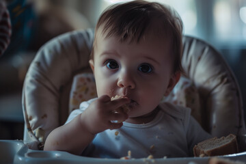 Baby Eating Bread in High Chair