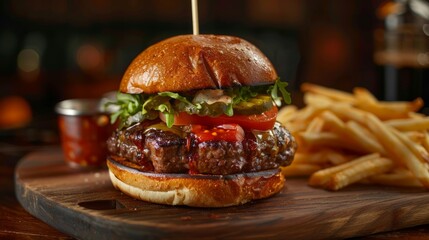 burger with tomateoes lettuce and pickles on a wooden plate and friest at the back