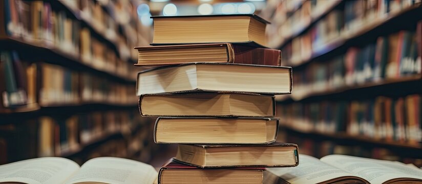 A stack of books neatly arranged on a shelf in a library, showcasing the diverse subjects available for study.