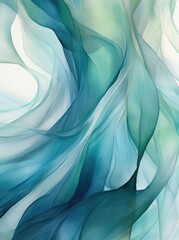 This abstract painting depicts swirling blue and green waves, creating a dynamic and vibrant composition that captivates the viewers attention.