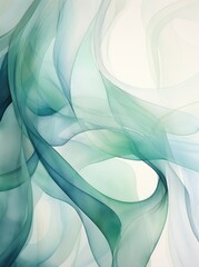 An abstract painting featuring vibrant green and white waves intertwined in a dynamic and fluid motion, creating a sense of movement and energy.