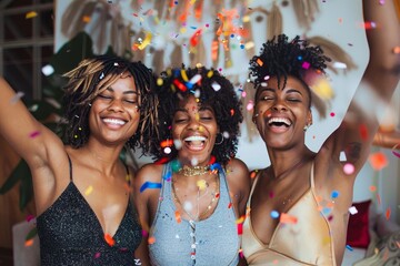 A vibrant group of stylish women adorned with colorful fashion accessories and beaming smiles, joyfully dance and celebrate amidst a shower of confetti at a lively festival