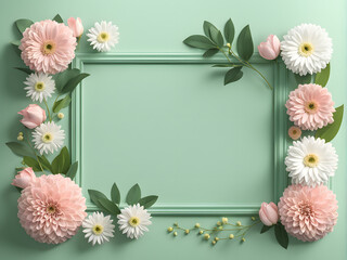 3D Wooden Frame with Simple Floral Decor on Green Background. Elegant Backdrop for Mother's Day and Women's Day Banners.